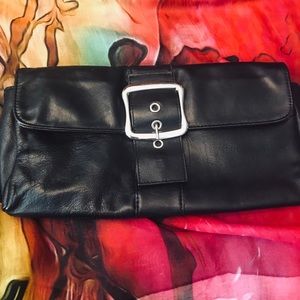 Black Buckle Accent Clutch Purse Pink Silk Lining